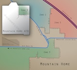 School District Trustee Zone Map for Zones 1, 3 and 5 for Mountain Home and Mountain Home Air Force Base, Idaho. Zone 3 on Mountain Home AFB is east of Gunfighter Ave. and north of Eagle Dr. (U.S. Air Force graphic by Tech. Sgt. Samuel Morse)