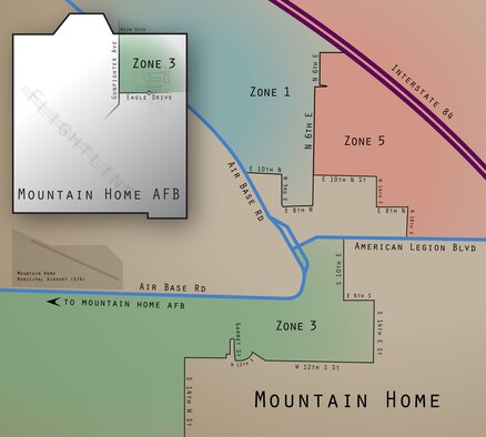 School District Trustee Zone Map for Zones 1, 3 and 5 for Mountain Home and Mountain Home Air Force Base, Idaho. Zone 3 on Mountain Home AFB is east of Gunfighter Ave. and north of Eagle Dr. (U.S. Air Force graphic by Tech. Sgt. Samuel Morse)