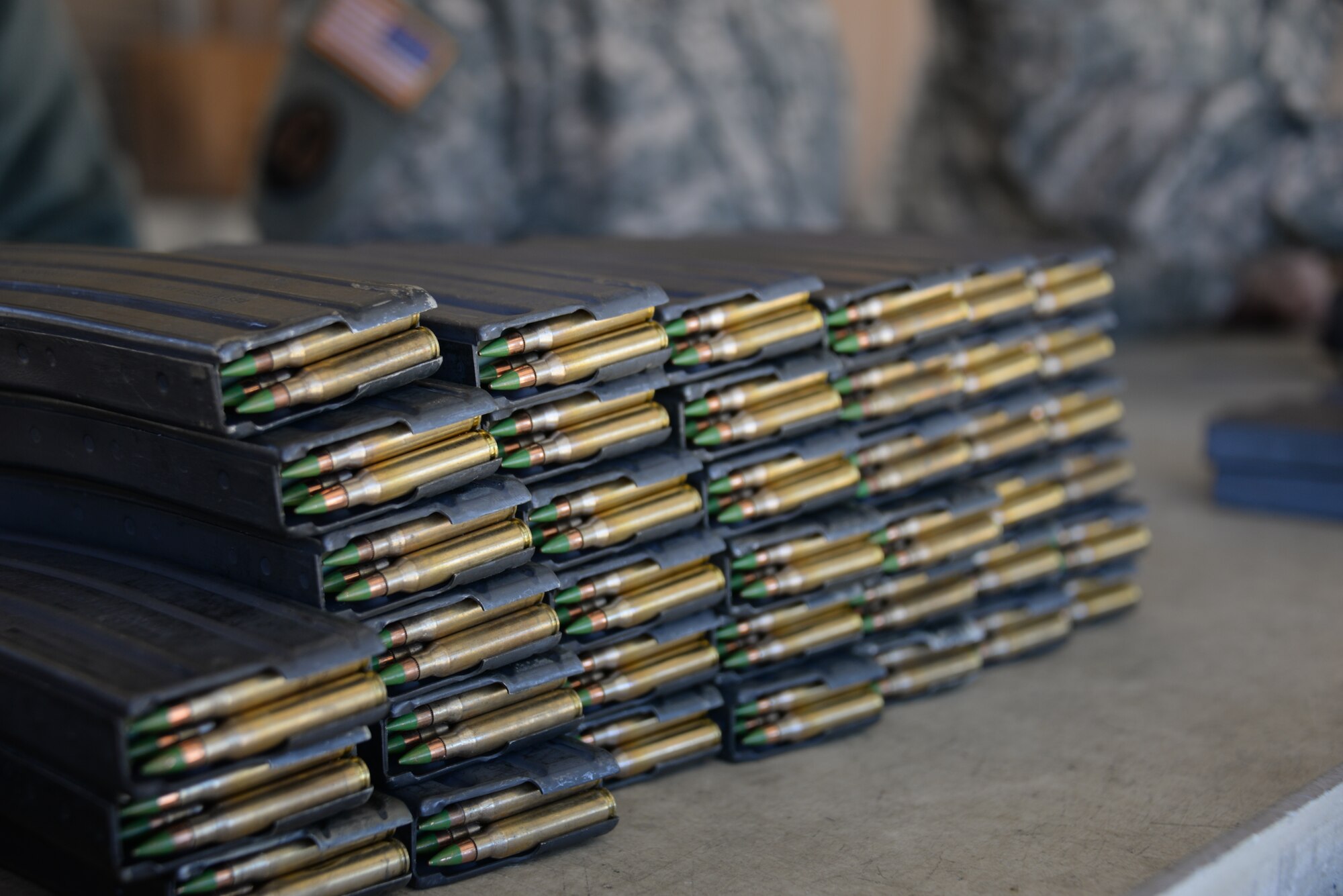 Loaded magazines wait to be used by competitors during the Best Warrior Competition on Joint Base McGuire-Dix-Lakehurst, N.J., April 11, 2015. The BWC tests Soldiers on their mental and physical skills, including rifle marksmanship. (U.S. Air Force photo/Airman 1st Class Lauren Pitts) 
