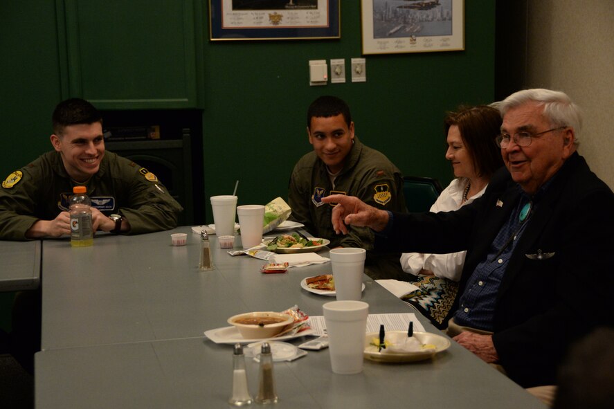 Lt. Col. Robert Vaucher, a World War II veteran, shares memorable moments from his career with pilots, historians and command staff on Barksdale Air Force Base, April 9, 2015. The World War II hero’s legacy serves as an inspiration to Airmen under Air Force Global Strike Command and is living proof of the success and support our Air Force provides to the security of our nation and its allies. (U.S. Air Force Photo/ Airman 1st Class Hill)