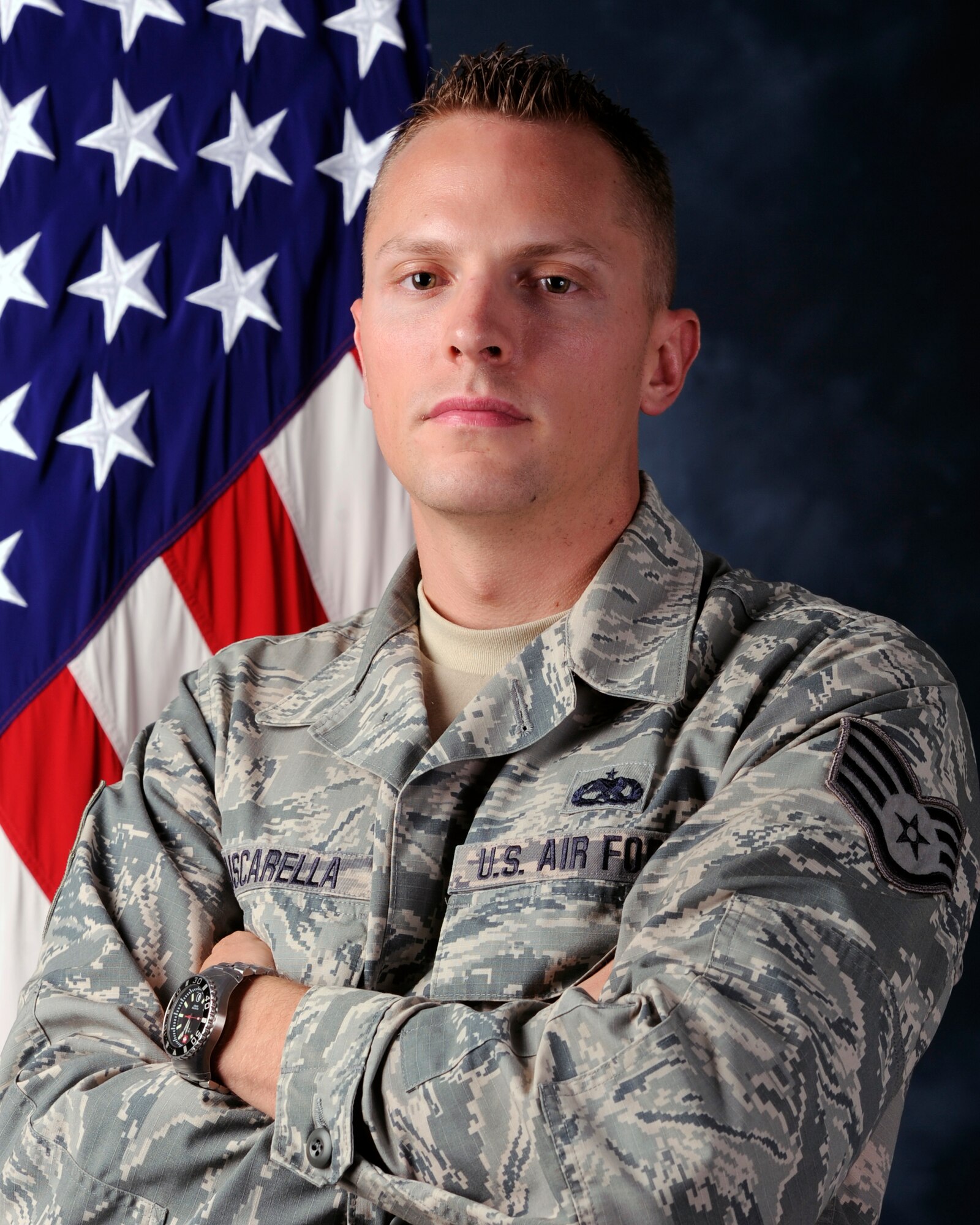 Staff Sgt. Julian Muscarella, 44th Maintenance Squadron Low Observable Aircraft Structural Maintenance Section Chief craftsman poses, for a portrait. Muscarella was awarded the Air Force Commendation Medal April 7 in his efforts for rescuing a fellow Airman from drowning. He performed three rounds of cardiopulmonary resuscitation to save his wingman’s life. (U.S. Air Force photo by Airman 1st Class Ty-Rico Lea)