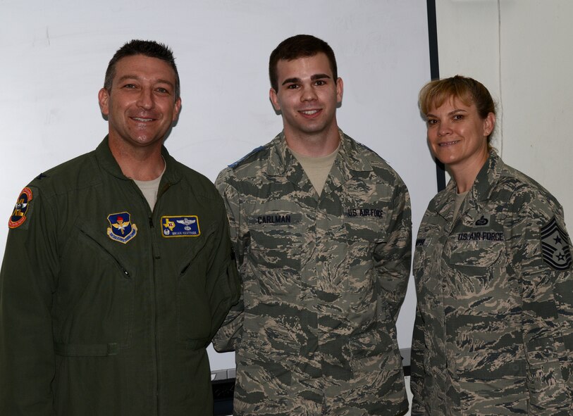 Airman 1st Class Austin Carlman, center, 47th Operations Support Squadron air traffic controller, poses with Col. Brian Hastings, 47th Flying Training Wing commander, and Chief Master Sgt. Teresa Clapper, 47th FTW command chief, after being notified of his acceptance into the Air Force Academy Preparatory School at Laughlin Air Force Base, March 25, 2015. In the summer of 2015, Carlman will begin a 10-month long program that emphasizes a curriculum much like the Air Force Academy's. (U.S. Air Force Photo by Airman 1st Class Ariel D. Delgado)