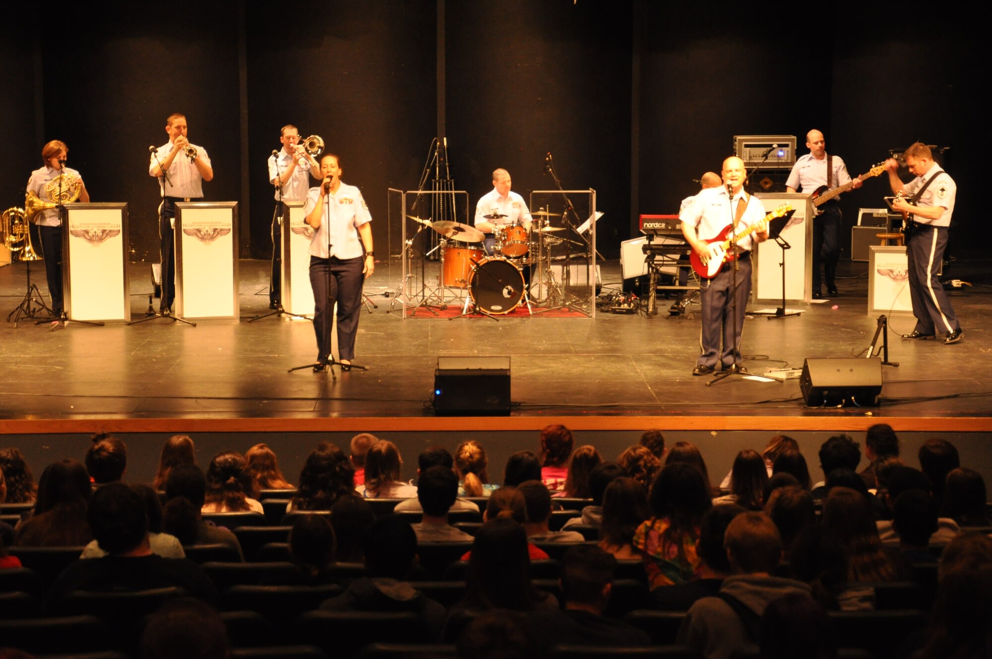 The Heartland of America Band performs for Millard South High School students April 14 in the school’s auditorium. The band performs for local schools in their touring area to provide a positive impact on youth and to showcase the Air Force mission. (U.S. Air Force photo by Staff Sgt. Rachelle Blake)


