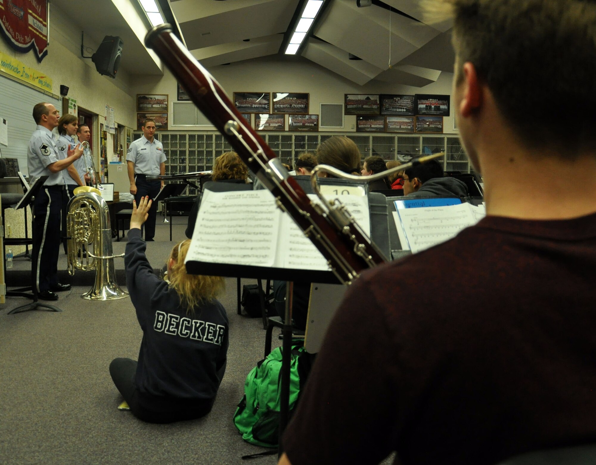 Heartland of America Band members answer questions from Millard South High School band students about being members of the Air Force April 14 during a visit to the school. They spoke about career opportunities within the band career field and Air Force benefits such as higher education. (U.S. Air Force photo by Staff Sgt. Rachelle Blake)