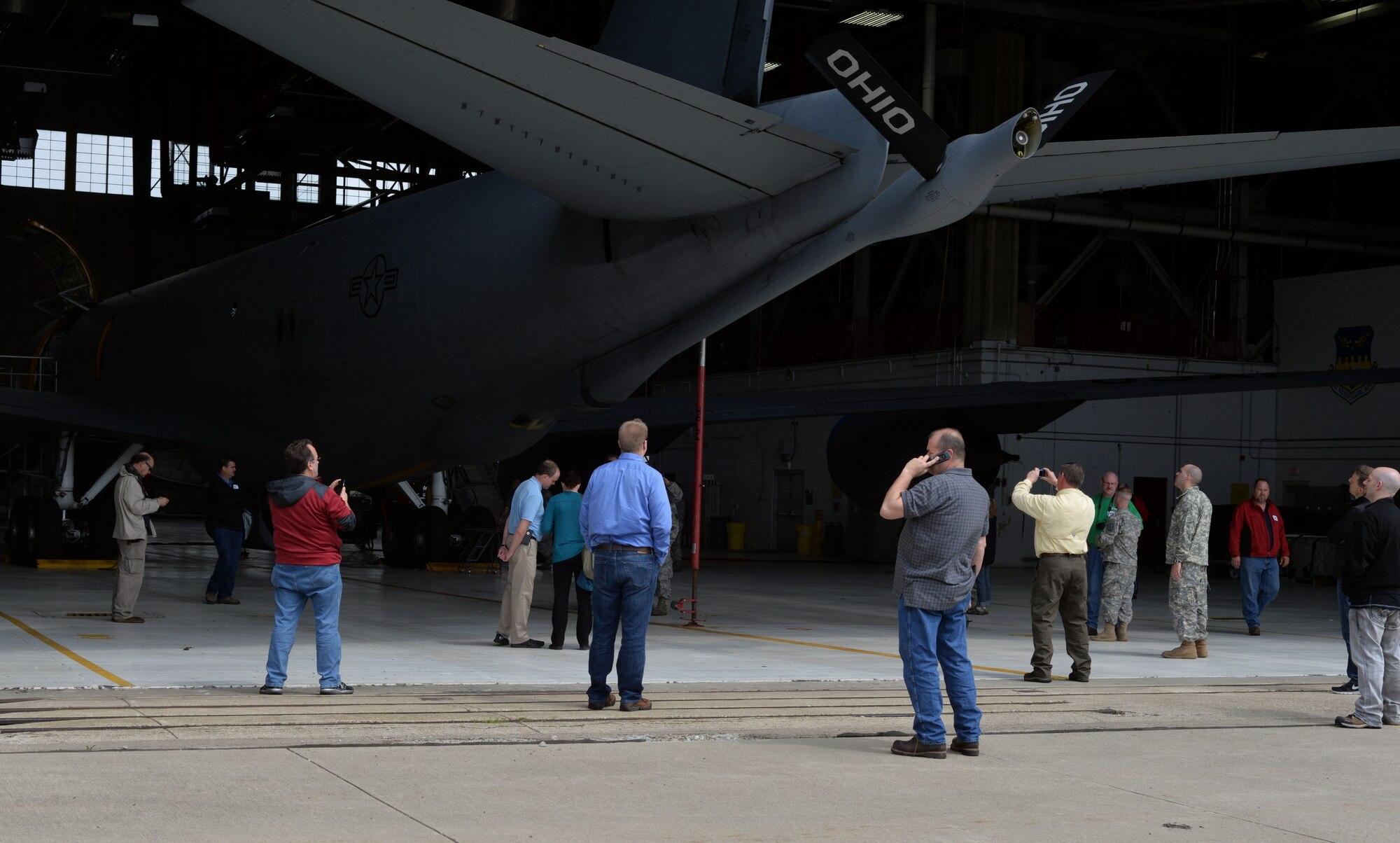 Ohio Employers tour a static display of a KC-135 Stratotanker during the Ohio National Guard Northwest Joint Employer Event April 9, 2015 at Rickenbacker Air National Guard Base, Ohio. The event was held for employers around Ohio to come and learn about the mission of the National Guard, to foster support and build a partnership. (U.S. Air National Guard photo by Airman Ashley Williams/Released)