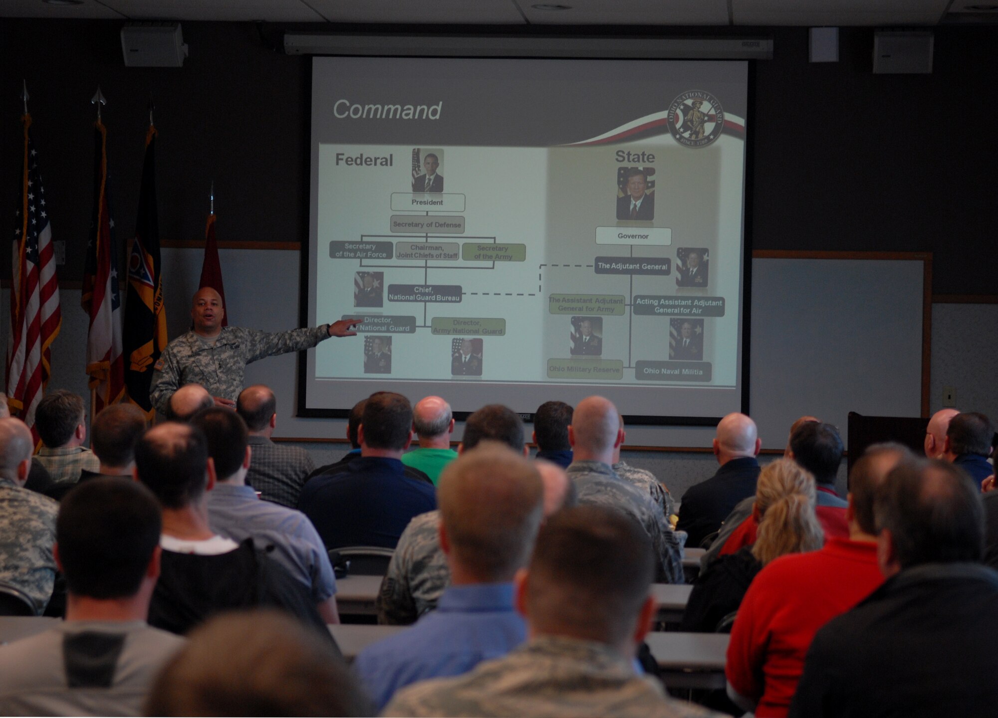 U.S. Army Maj. Gen. John Harris, the assistant adjutant general for Army, briefs Ohio employers during the Ohio National Guard Northwest Joint Employer Event April 2, 2015 at Rickenbacker Air National Guard Base, Ohio. The event was held for employers around Ohio to come and learn about the mission of the National Guard, to foster support and build a partnership. (U.S. Air National Guard photo by Airman Ashley Williams/Released)