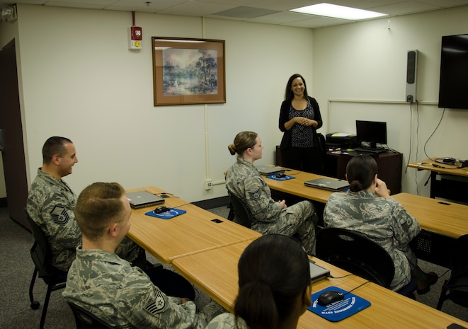 Brenda Edmond, 628th Medical Group Family Advocacy Program Outreach Program manager, teaches a class April 14, 2015 at Joint Base Charleston – Air Base, S.C. The Outreach Program supports military families and the community by offering classes to improve coping, parenting, and relationship skills as well as classes geared to combat stress and anger management. (U.S. Air Force photo/Staff Sgt. AJ Hyatt)