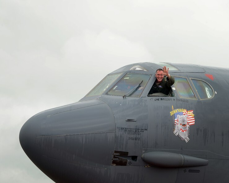 Maj. Gen. Scott Vander Hamm, 8th Air Force commander, waves to friends and family on the flightline at Barksdale Air Force Base, La., Jan. 15. As a celebration of his time as a commander, Vander Hamm flew his last flight in a B-52H Stratofortress. (U.S. Air Force photo/Senior Airman Joseph A. Pagan Jr.)