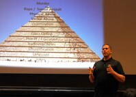 Josh Jasper, Mentors in Violence Prevention Program facilitator, briefs military and civilians on sexual assault prevention April 10 at Joint Base San Antonio-Randolph’s Fleenor Auditorium. During the event, Jasper led a discussion through a multimedia presentation called the ‘Power of the Pyramid’ using dozens of media and pop culture examples to illustrate how seemingly harmless behavior can progress to violence. The presentation was part of a series of Sexual Assault Awareness Prevention Month events being held throughout April across JBSA.  (U.S. Air Force photo by Harold China)
