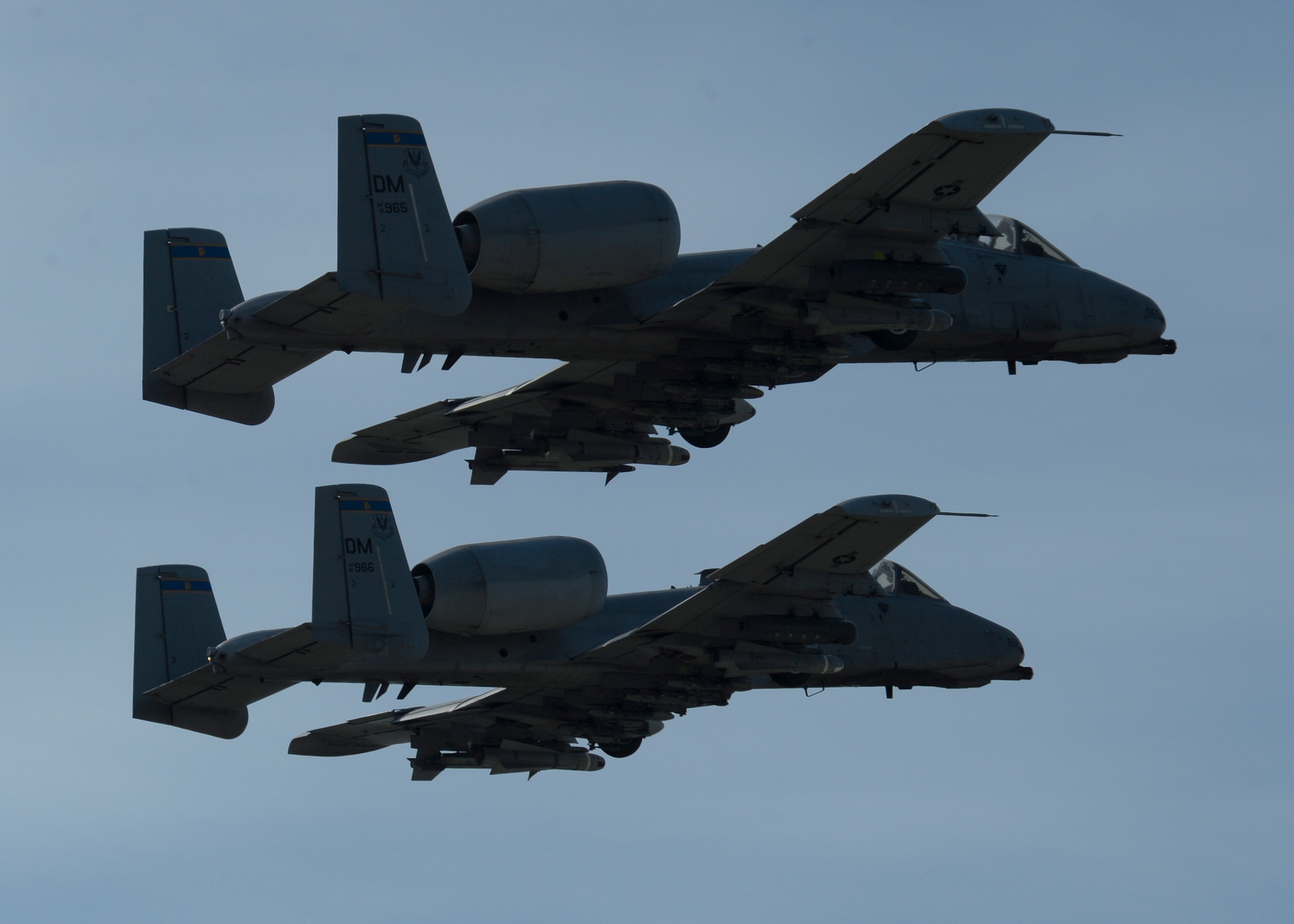 Two U.S. Air Force A-10 Thunderbolt II aircraft assigned to the 354th Expeditionary Fighter Squadron take off from a runway during a theater security package deployment at Campia Turzii, Romania, April 14, 2015.The aircraft deployed to Romania in support of Operation Atlantic Resolve to bolster air power capabilities while underscoring the U.S. commitment to European security and stability. (U.S. Air Force photo by Staff Sgt. Joe W. McFadden/Released) 