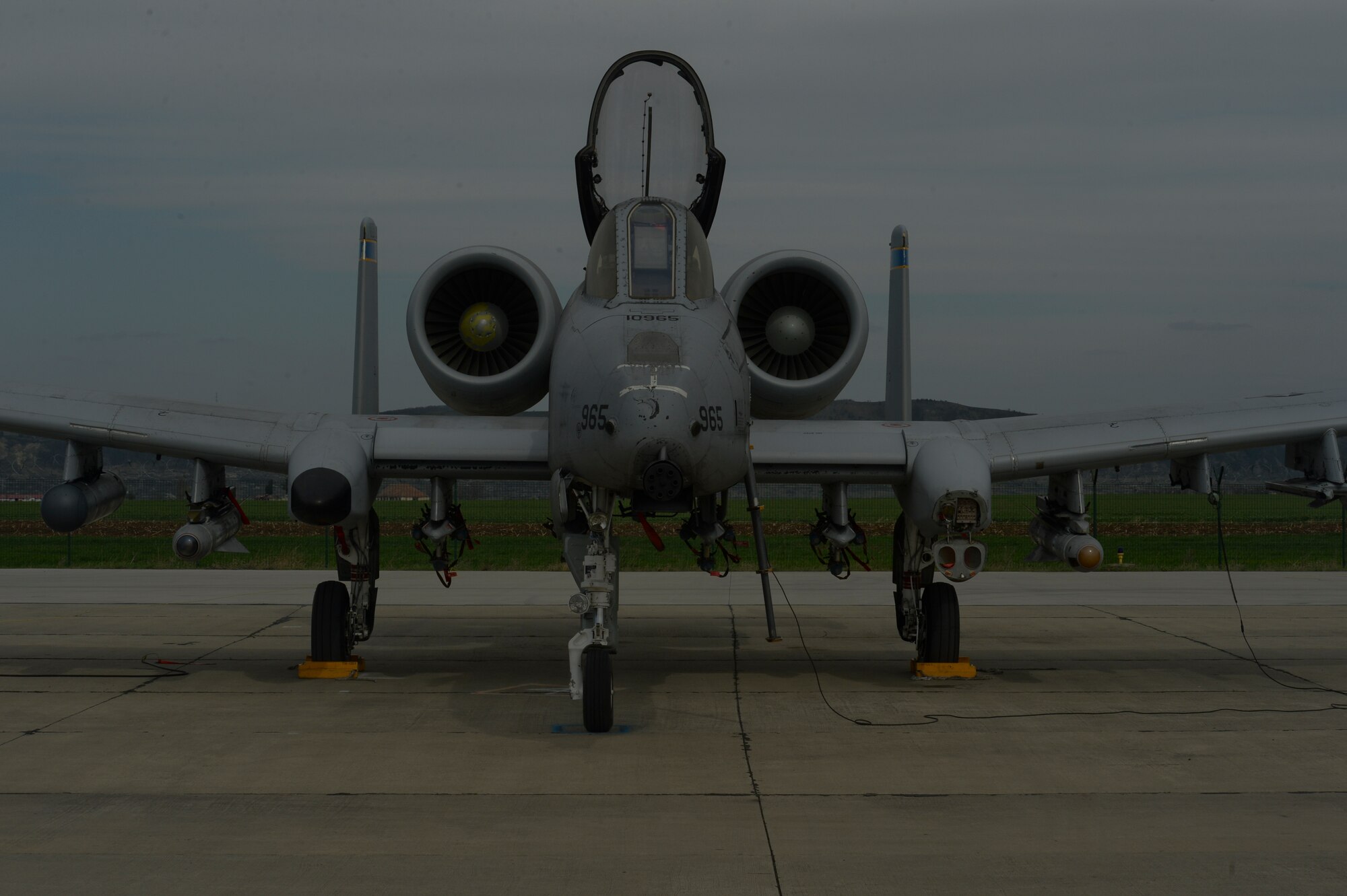A U.S. Air Force A-10 Thunderbolt II assigned to the 354th Expeditionary Fighter Squadron is parked off the runway during a theater security package deployment at Campia Turzii, Romania, April 14, 2015. The A-10 supports Air Force missions around the world as part of the U.S. Air Force's current inventory of strike platforms, including F-15 Eagle and F-16 Fighting Falcon fighter aircraft. (U.S. Air Force photo by Staff Sgt. Joe W. McFadden/Released)