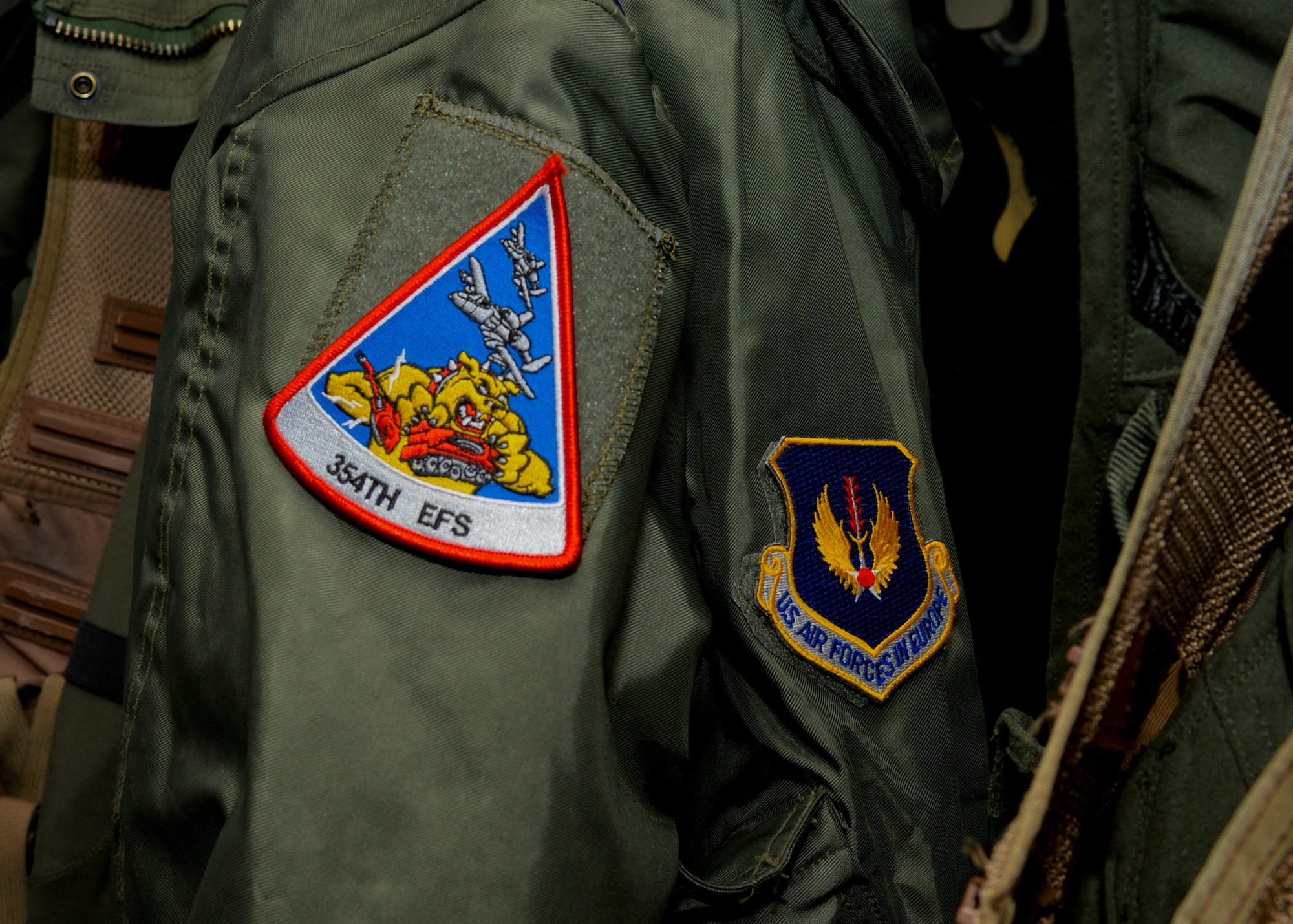 A U.S. Air Force flight jacket bearing patches for the 354th Expeditionary Fighter Squadron and U.S. Air Forces Europe hangs in an aircrew flight equipment room at Campia Turzii, Romania, April 14, 2015.  The aircraft deployed to Romania in support of Operation Atlantic Resolve to bolster air power capabilities while underscoring the U.S. commitment to European security and stability. (U.S. Air Force photo by Staff Sgt. Joe W. McFadden/Released) 