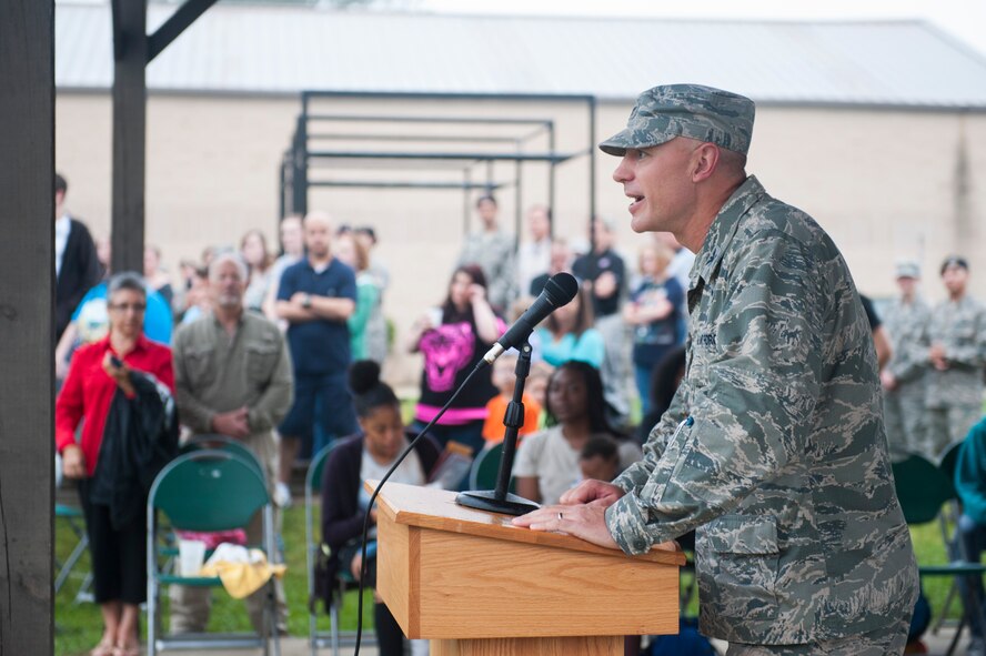 U.S. Air Force Col. Joseph Locke, 93d Air Ground Operations Wing commander, speaks during a farewell ceremony April 14, 2015, at Moody Air Force Base, Ga. Locke gave a speech to the 823d Base Defense Squadron before they left on a deployment to Southwest Asia. (U.S. Air Force photo by Airman 1st Class Dillian Bamman/Released)