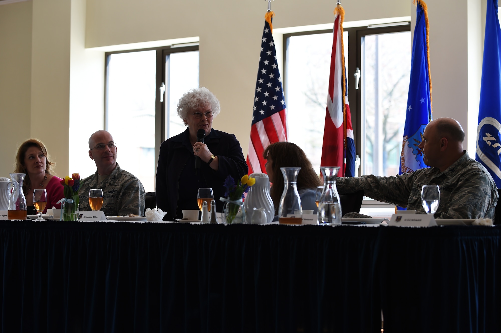 Joanna Millan speaks about the extermination of the Jews by the Nazis during the 2015 Holocaust Remembrance Luncheon at RAF Alconbury, England, April 14, 2015. Seventy years after the liberation of concentration camps, Millan said she wants people to remember what happened there and ensure history does not repeat itself. (U.S. Air Force photo by Staff Sgt. Jarad A. Denton/Released)