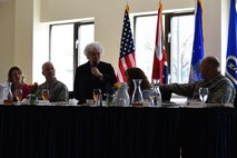 Joanna Millan speaks about the extermination of the Jews by the Nazis during the 2015 Holocaust Remembrance Luncheon at RAF Alconbury, England, April 14, 2015. Seventy years after the liberation of concentration camps, Millan said she wants people to remember what happened there and ensure history does not repeat itself. (U.S. Air Force photo by Staff Sgt. Jarad A. Denton/Released)