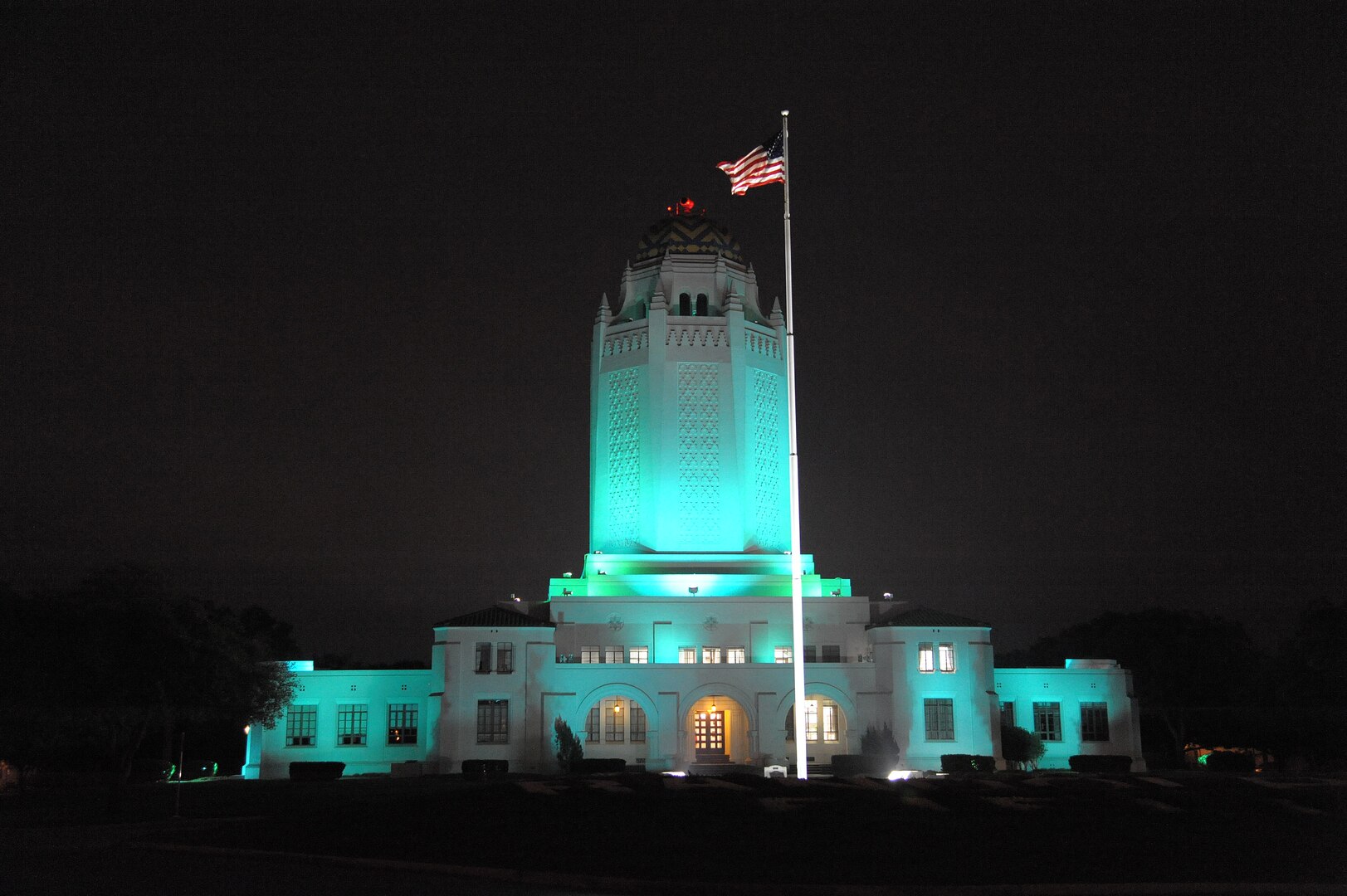 In recognition of April being Sexual Assault Awareness and Prevention Month, throughout April the Taj will be bathed in teal lighting. The goal of SAAPM is to raise public awareness about sexual violence and to educate communities on how to prevent it. Teal is the official color of SAAPM, and the teal ribbon is the symbol of sexual violence prevention. For articles and commentaries about SAAPM, visit http://www.jbsa.af.mil or http://www.af.mil. (U.S. Air Force photo by Joel Martinez)

