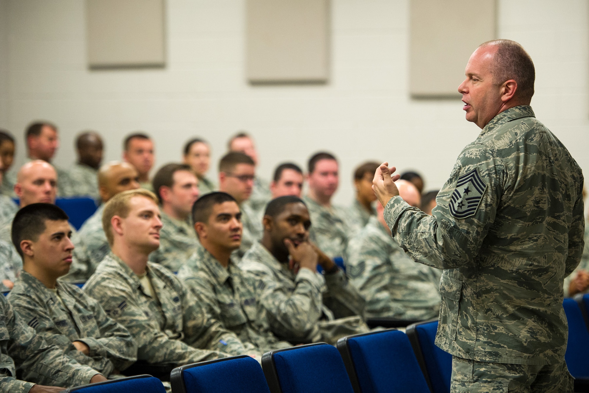 U.S. Air Force Chief Master Sgt. James W. Hotaling, Command Chief Master Sgt. for the Air National Guard, visited the South Carolina Air National Guard's 169th Fighter Wing at McEntire Joint National Guard Base, S.C., April 11, 2015. Hotaling hosted town hall meetings to engage Swamp Fox Airmen in the discussion of three key points; the profession of arms, the health of the force and recognizing and renewing commitments to Airmen.  (U.S. Air National Guard photo by Tech. Sgt. Jorge Intriago/RELEASED)