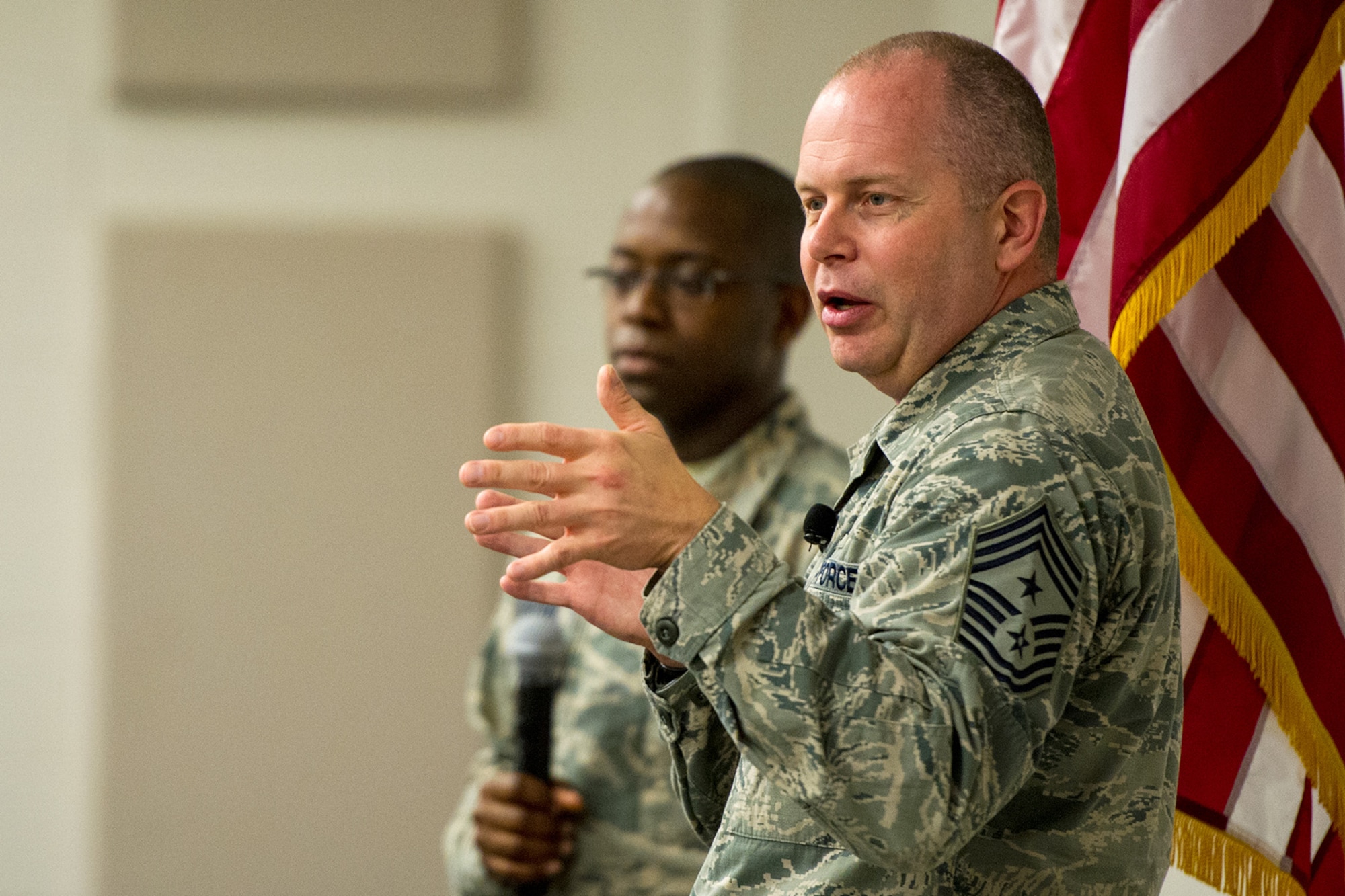 U.S. Air Force Chief Master Sgt. James W. Hotaling, Command Chief Master Sgt. for the Air National Guard, visited the South Carolina Air National Guard's 169th Fighter Wing at McEntire Joint National Guard Base, S.C., April 11, 2015. Hotaling hosted town hall meetings to engage Swamp Fox Airmen in the discussion of three key points; the profession of arms, the health of the force and recognizing and renewing commitments to Airmen.  (U.S. Air National Guard photo by Tech. Sgt. Jorge Intriago/RELEASED)