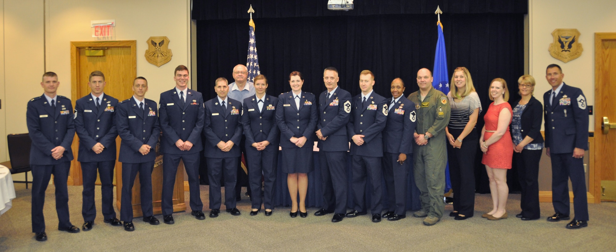 Annual award winners from the 442d Fighter Wing included Senior Airman Anthony Cirulli, Master Sgt. Sarah Bower,  Master Sgt. Breonna Parker, Senior Master Sgt. Matthew Youkey and Capt. Jeremy Vaughan. (Air Force photo by Capt. Denise Haeussler)