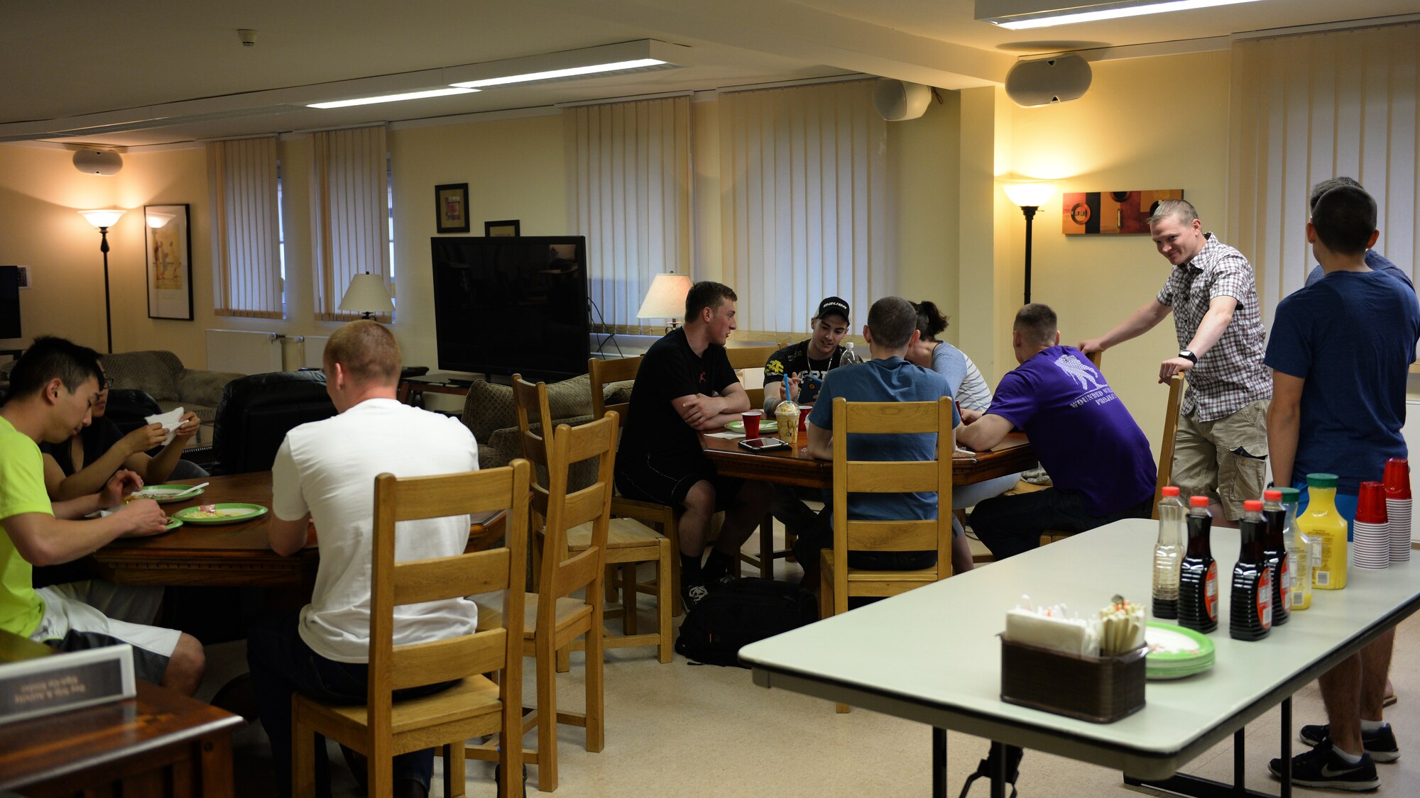 U.S. Air Force Airmen hang out April 10, 2015, at the Coffee Mill on Spangdahlem Air Base, Germany. The Coffee Mill is a facility run by the 52nd Fighter Wing Chapel that is available for use to all Airmen but is primarily focused for Airmen living in the dorms. (U.S. Air Force photo by Senior Airman Dylan Nuckolls/Released)
