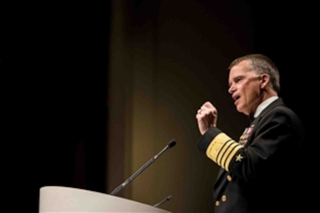 Navy Adm. James A. Winnefeld, Jr., vice chairman of the Joint Chiefs of Staff, addresses an audience attending the Navy League Sea-Air-Space 50th Anniversary Banquet in National Harbor, Md., April 14, 2015.