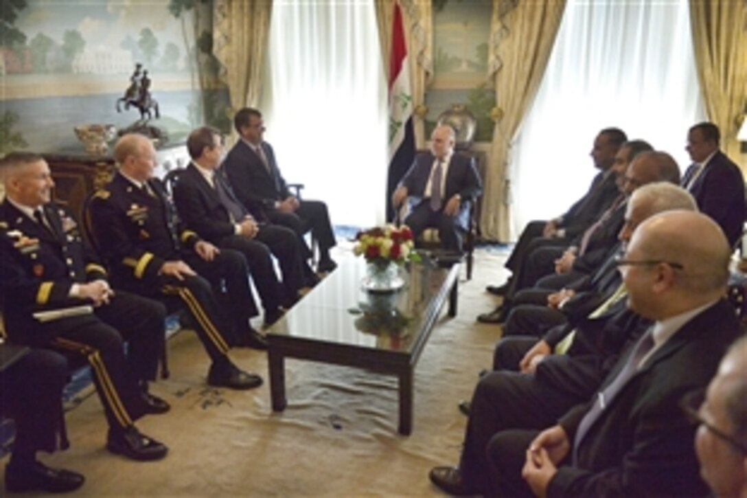 U.S. Defense Secretary Ash Carter meets with Iraqi Prime Minister Haider al-Abadi at Blair House in Washington, D.C., April 15, 2015. U.S. Army Gen. Martin E. Dempsey, chairman of the Joint Chiefs of Staff, and other leaders also participated. 