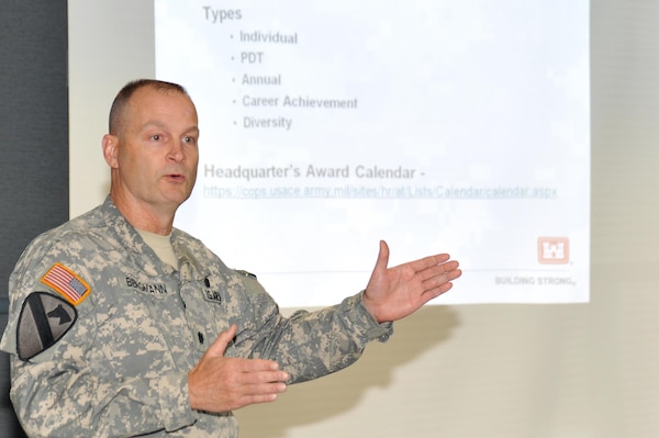 Huntsville Center Deputy Commander Lt. Col. Kendall Bergmann discusses the importance of quality award nomination packages during an April 9 lunch and learn workshop sponsored by the Center's Federal Women's Program.