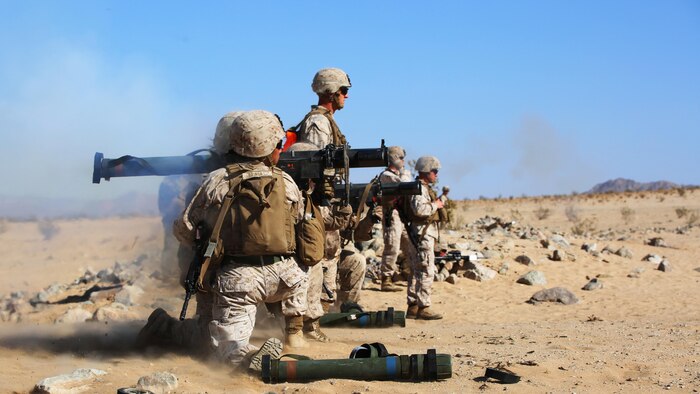 Marines with Anti-Armor Section, Weapons Company, Ground Combat Element Integrated Task Force, fire the MK153 shoulder-launched multipurpose assault weapon (SMAW) during a Marine Corps Operational Test and Evaluation Activity assessment at Range 107, Marine Corps Air Ground Combat Center Twentynine Palms, California, April 11, 2015. From October 2014 to July 2015, the GCEITF will conduct individual and collective level skills training in designated ground combat arms occupational specialties in order to facilitate the standards-based assessment of the physical performance of Marines in a simulated operating environment performing specific ground combat arms tasks. 