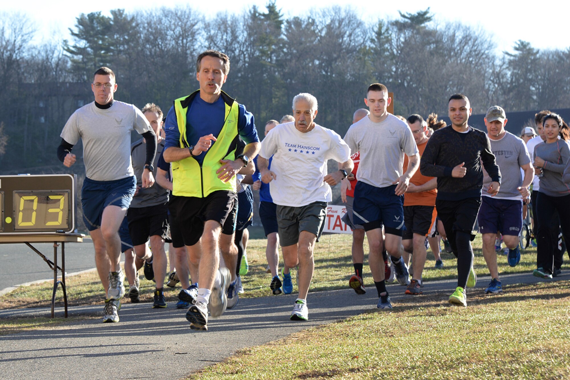 Runners participate in the annual Fitness and Sports Center sponsored Bunny Hop 5K fun run on base April 15. In the men’s category, 1st Lt. Aaron Zadalis placed first with a time of 19:40. Finishing second was 1st Lt. Ryan Dotson in 19:49, and Gerard Cavallo placed third with a time of 20:07. In the women’s category Katy Murray placed first in 24:24 while Polly Byrd ran in 24:50 and Adena D'Avolio ran for 24:53. U.S. Air Force photo by Linda LaBonte Britt)