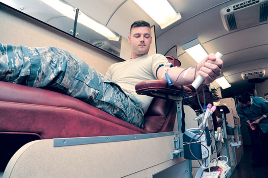 Staff Sgt. Steven Stein, 56th Civil Engineer Squadron requirements and optimization electrical subject matter expert, donates blood for the United Blood Services drive March 26 at Luke Air Force Base. Donors like Stein are needed year-round to provide blood for life-saving treatment of patients suffering from serious injuries, in need of an organ transplant, cancer treatment and other illnesses.