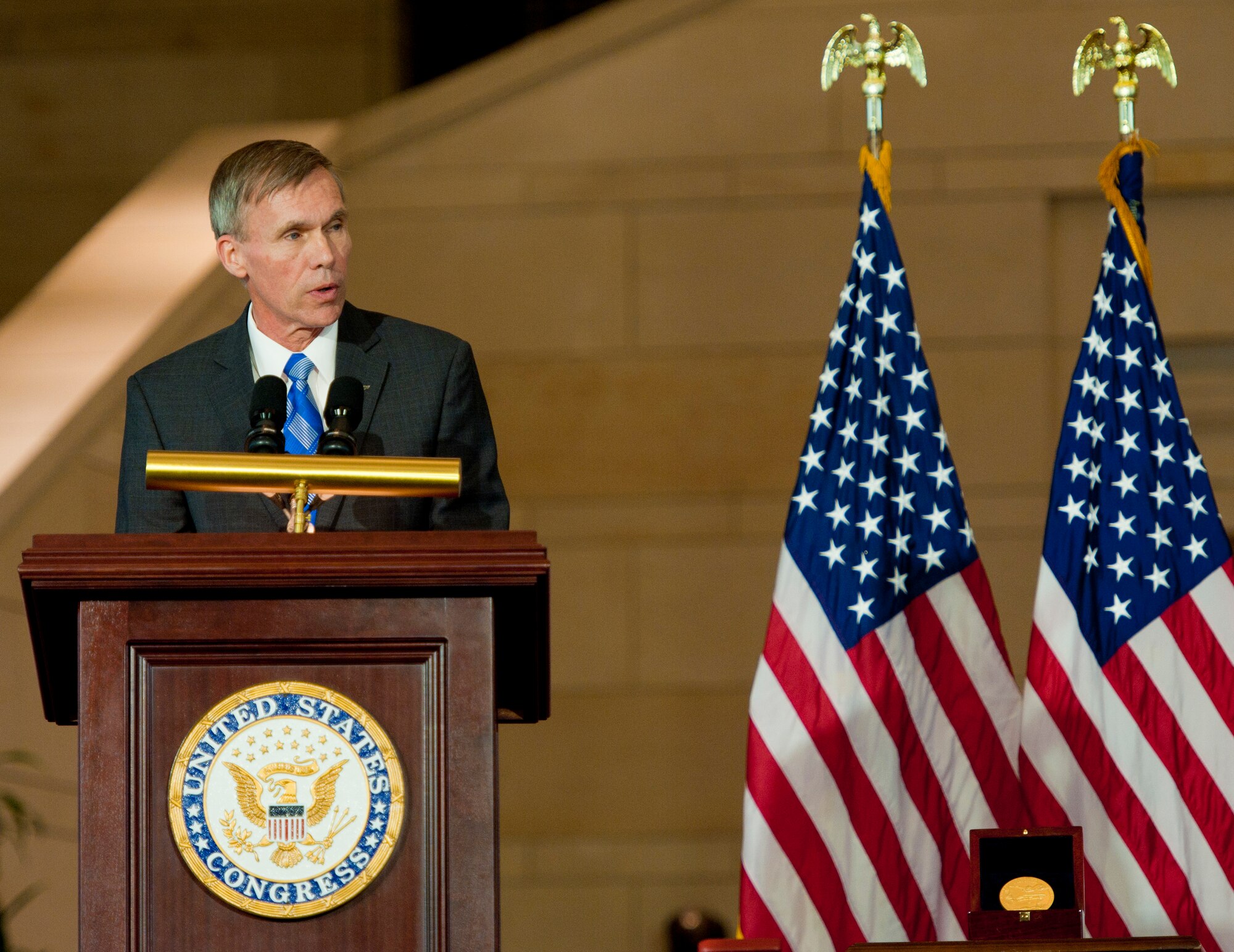 Washington D.C. -- National Museum of the U.S. Air Force Director Lt. Gen. (Ret.) John Hudson speaks to guests at the Doolittle Raiders Congressional Gold Medal Presentation at Emancipation Hall where he accepted the medal on behalf of the Raiders on April 15, 2015. (U.S. Air Force photo)