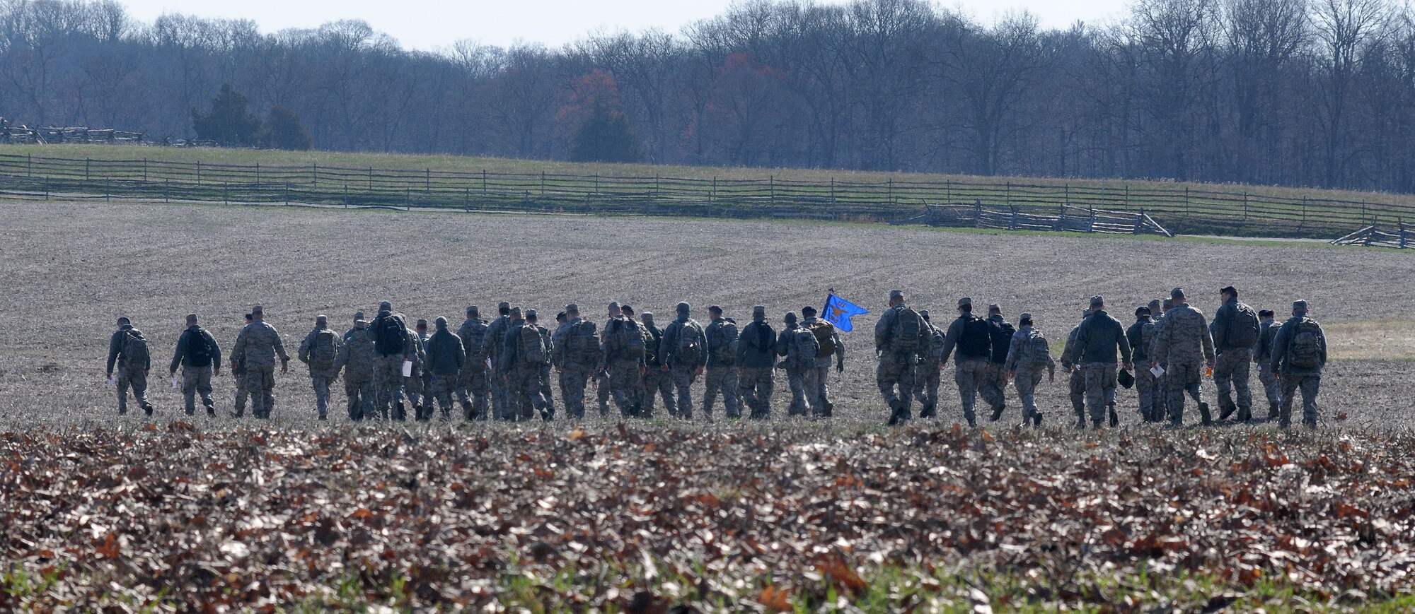 Members of the 111th Security Forces Squadron, Horsham Air Guard Station, Pennsylvania,  begin a ruck march April 11, 2015 at Gettysburg National Military Park. Nearly 60 Guardsmen from the 111th Attack Wing’s security forces squadron participated in a four-day team building and skills training event, April 9 – 12, 2015, at the state’s joint-force training center at Fort Indiantown Gap and at Gettysburg National Military Park. (U.S. Air National Guard photo by Tech. Sgt. Andria Allmond/Released)