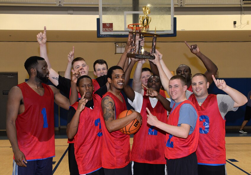 The 2nd Maintenance Squadron intramural basketball championship team poses for a photo at the SrA Bryan Bell Fitness Center on Barksdale Air Force Base, La., April 9, 2015. The team finished the season with an 8-2 record after defeating the 2nd Aircraft Maintenance Squadron 62-46 in the championship game. (U.S. Air Force photo/Airman 1st Class Curt Beach)
