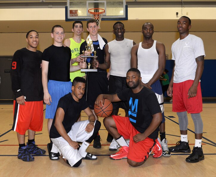 The 2nd Aircraft Maintenance Squadron intramural basketball championship team poses for a photo at the SrA Bryan Bell Fitness Center on Barksdale Air Force Base, La., April 9, 2015. The team finished the season with a 13-1 after coming up short in the championship game 46-62 against the 2nd Maintenance Squadron. (U.S. Air Force photo/Airman 1st Class Curt Beach)