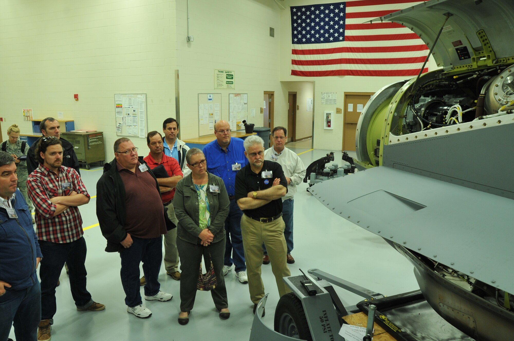 Employers of 403rd Wing reservists are briefed on the C130J engine during a visit to the 403rd Maintenance Group's Propulsion Flight during Employer Appreciation Day at Keesler Air Force Base, Mississippi, April 11, 2015.  Employers were given a tour, demonstrations and participated in a flight on a C130J flown by an 815th Airlift Squadron crew.  (U.S. Air Force photo/Master Sgt. Jessica Kendziorek)