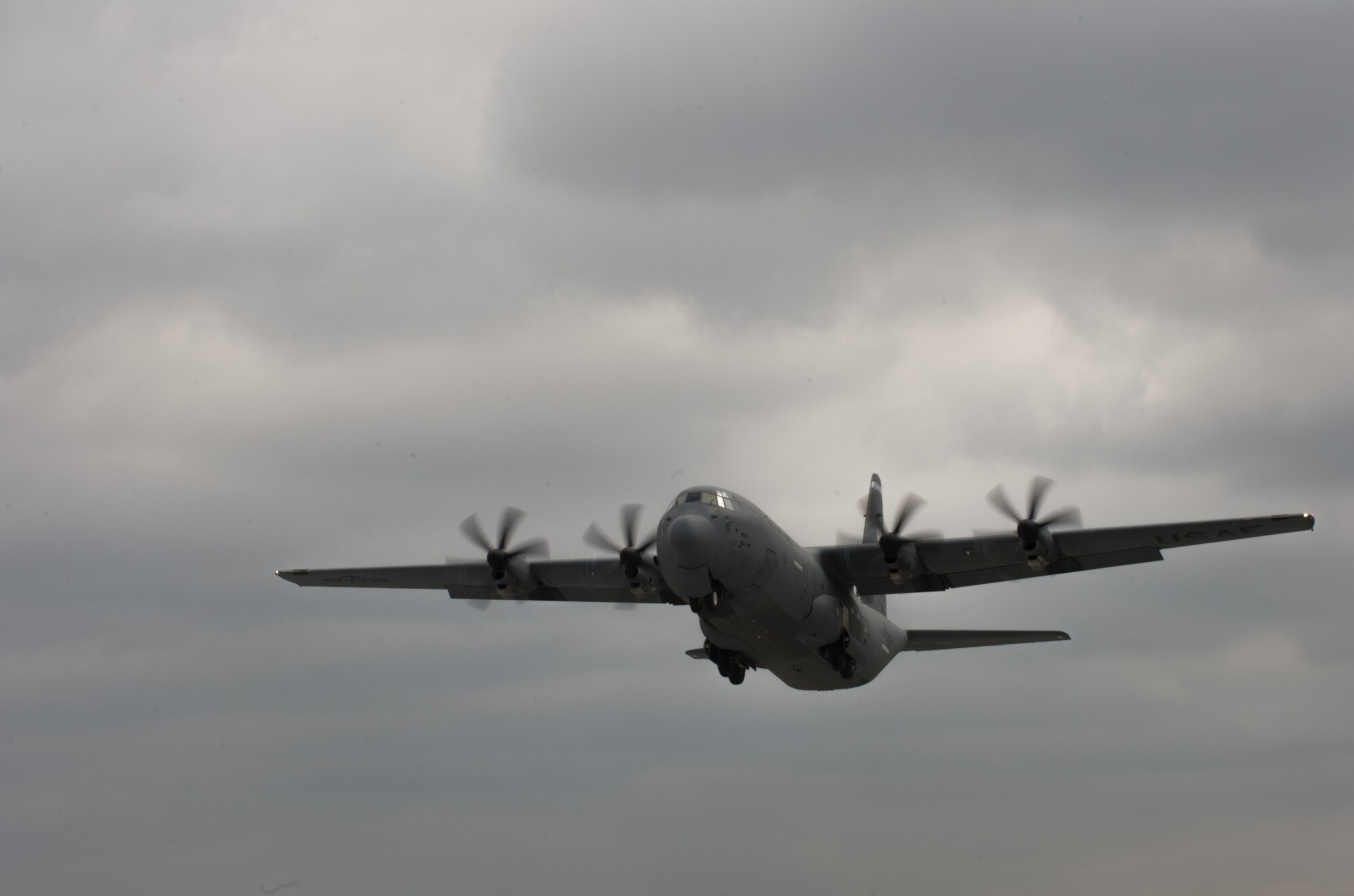 A C-130J Super Hercules assigned to the 37th Airlift Squadron flies above Powidz Air Base, Poland, April 15, 2015. Two C-130Js from Ramstein Air Base, Germany, arrived to Poland as part of an aviation detachment rotation. During the rotation, the pilots had the opportunity to fly alongside their U.S. Reserve and Polish counterparts. (U.S. Air Force photo/Senior Airman Jonathan Stefanko)