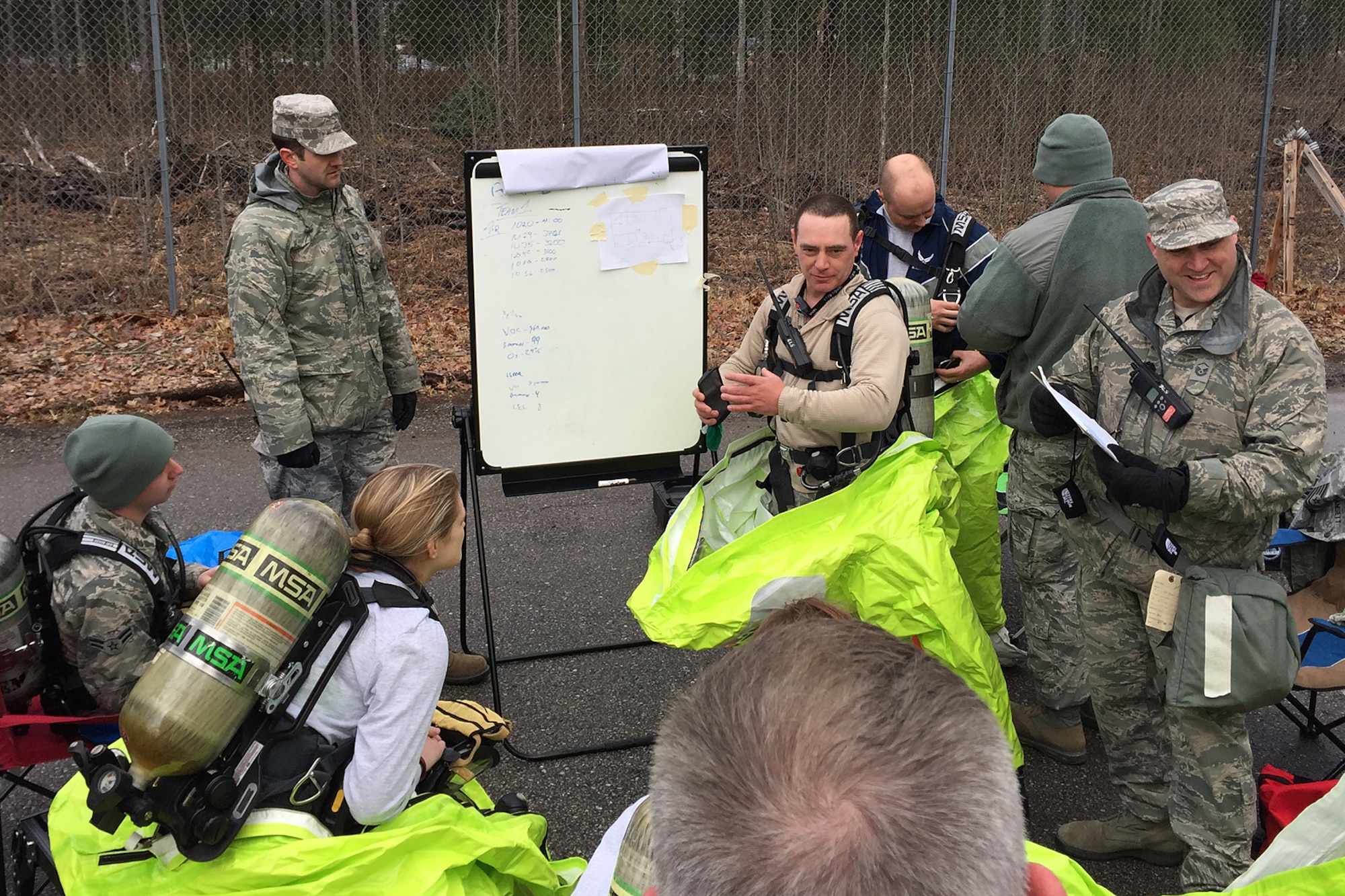 Air National Guard and Air Force Reserve emergency management specialist conduct training on responding to hazardous materials while at the Alpena Combat Readiness Training Center, Mich., April 10, 2015. Emergency management Airmen from six states recently gathered in Alpena to conduct a series of training exercises and classes to maintain their skill proficiency. (U.S. Air National Guard photo)