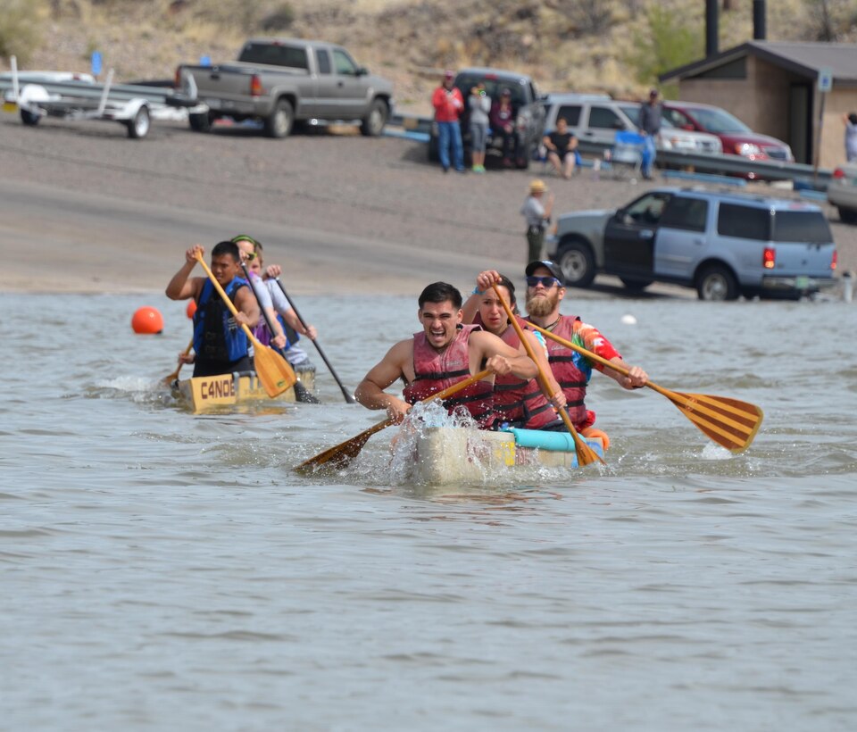 COCHITI LAKE, N.M. – Two concrete canoes race April 11. Cochiti Lake was the scene of a unique part of the 44th annual ASCE Rocky Mountain Regional Conference, when schools participating in the conference raced concrete canoes at the lake.  
