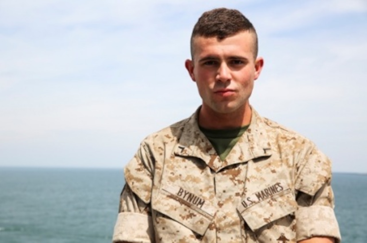 Marine Corps Pfc. Hunter Bynum, an infantryman with Bravo Company, 1st Battalion, 6th Marine Regiment, stands on the observation deck of the USS Kearsarge at sea, April 10, 2015. U.S. Marine Corps photo by Cpl. Kaitlyn Klein