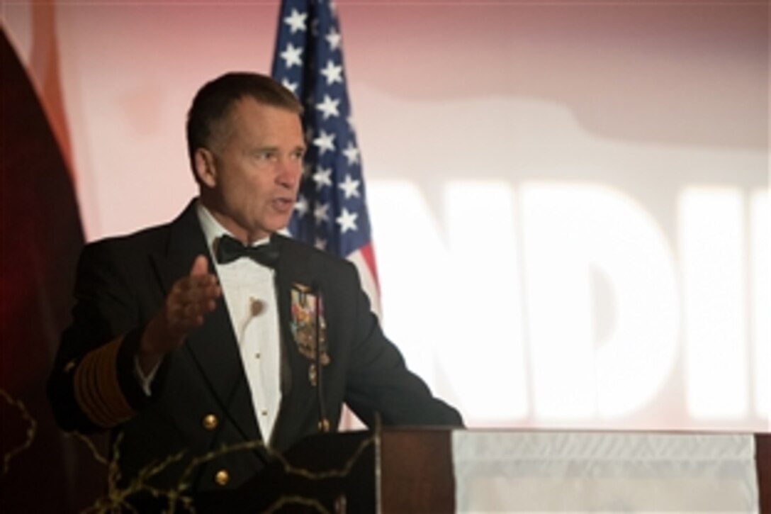 Navy Adm. James A. Winnefeld Jr., vice chairman of the Joint Chiefs of Staff, makes remarks at the National Defense Industrial Association in McLean, Va., April 15, 2015. The dinner honored former Defense Secretary Leon Panetta, who received the Dwight D. Eisenhower award for his lifetime of public service. 