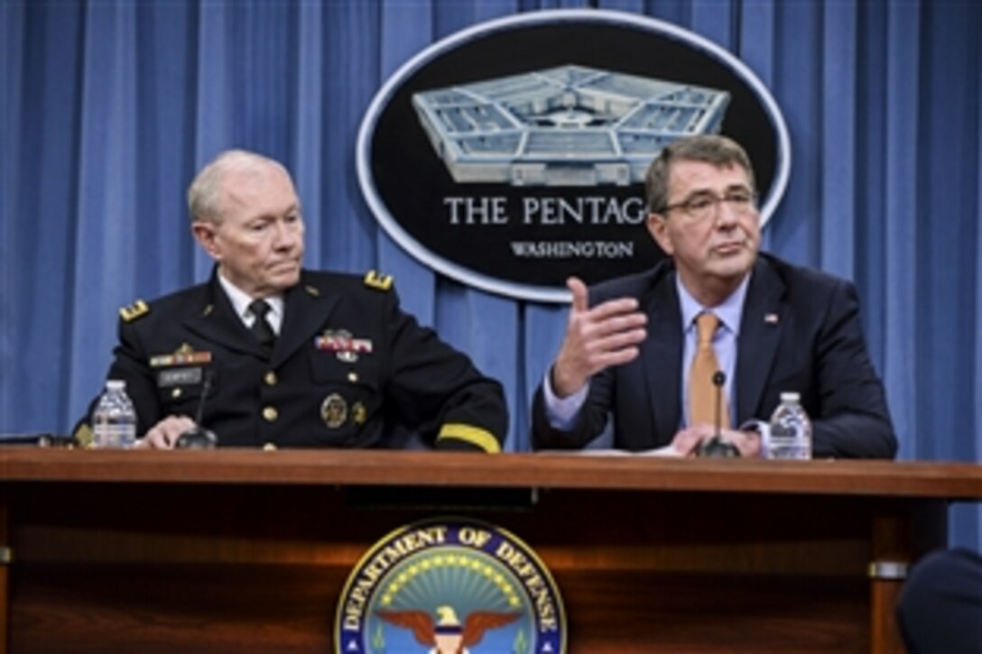 Defense Secretary Ash Carter and Army Gen. Martin E. Dempsey, chairman of the Joint Chiefs of Staff, brief reporters at the Pentagon, April 16, 2015. 