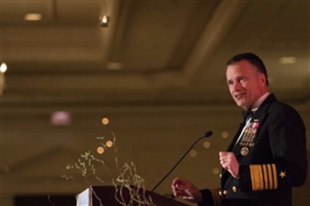 Navy Adm. James A. Winnefeld  Jr., vice chairman of the Joint Chiefs of Staff, gives a speech at the National Defense Industrial Association in McLean, Va., April 15, 2015. The dinner honored former Defense Secretary Leon Panetta who received the Dwight D. Eisenhower award for his lifetime of public service.