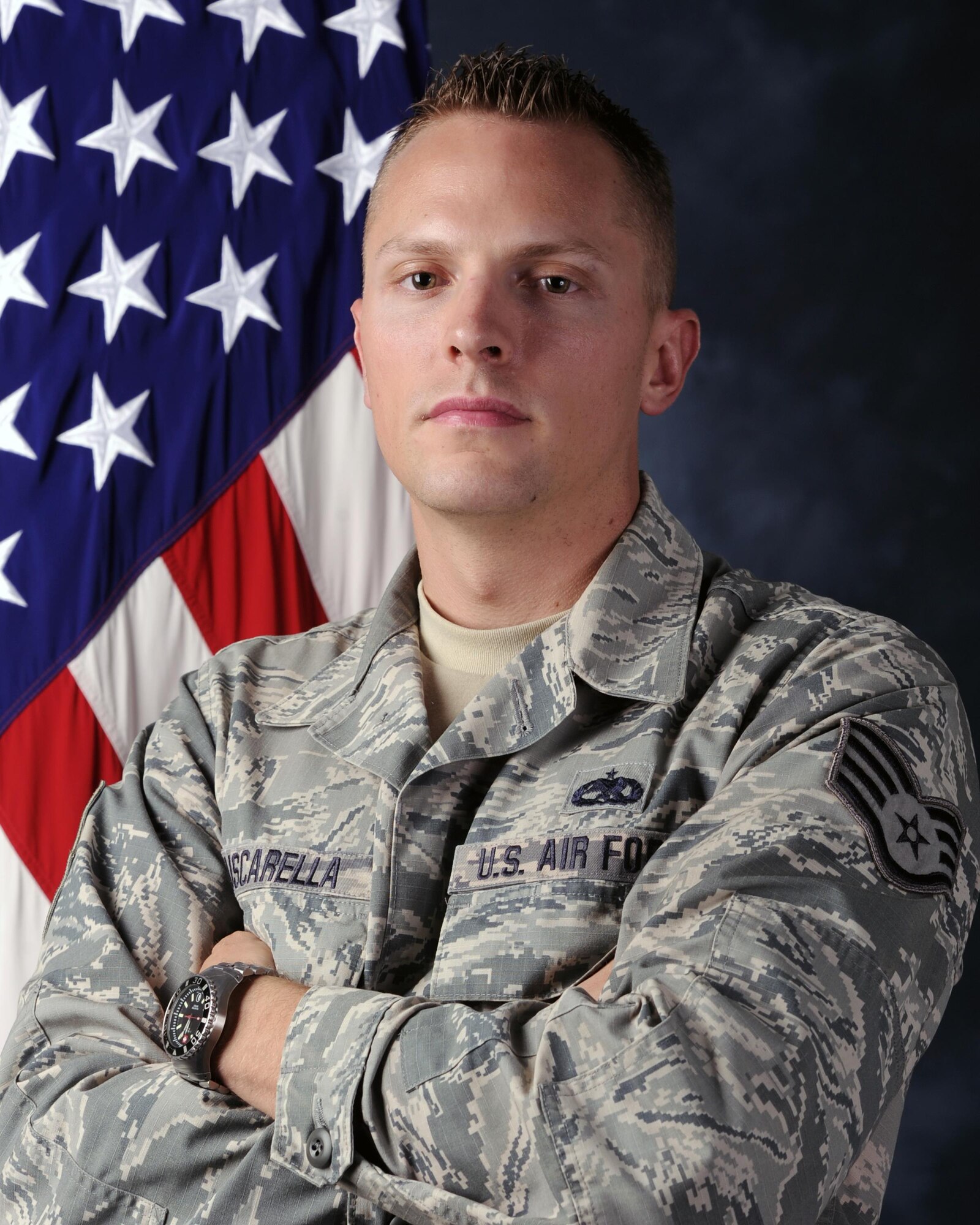 Staff Sgt. Julian Muscarella, 44th Maintenance Squadron Low Observable Aircraft Structural Maintenance Section Chief craftsman poses, for a portrait. Muscarella was awarded the Air Force Commendation Medal April 7 in his efforts for rescuing a fellow Airman from drowning. He performed three rounds of cardiopulmonary resuscitation to save his wingman’s life. (U.S. Air Force photo by Airman 1st Class Ty-Rico Lea)