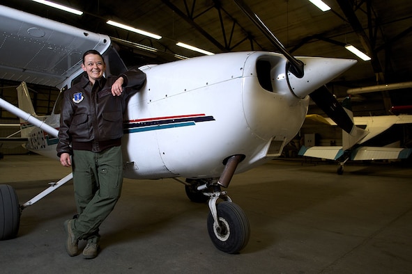 Air National Guard Staff Sgt. Kimberly Daugherty, a C-17 Globemaster III loadmaster with the 249th Airlift Squadron, is studying to get her private pilot license with the Elmendorf Aero Club at Joint Base Elmendorf-RIchardson, Alaska. Daugherty endeavors to a professional pilot flying for the Air National Guard or for a commercial carrier. (U.S. Air Force photo/David Bedard)