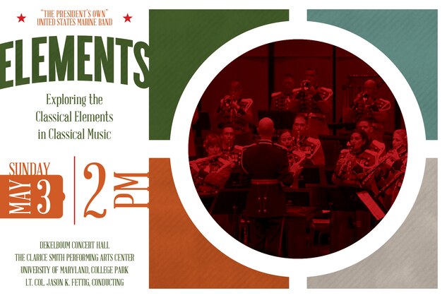 Sunday, May 3 at 2 p.m. (EDT) - Early scientists across many civilizations believed that all things in the physical world could be connected to one of the four classical elements: earth, water, wind, and fire. Eastern Asian cultures transformed this idea into a belief in the transmission of energy between elements, including wood and metal. This concert, conducted by Lt. Col. Jason K. Fettig, explores the classical elements in classical music, from Igor Stravinsky’s fire to Leonard Bernstein’s water; the wood and metal used in Jennifer Higdon’s virtuosic Percussion Concerto, featuring Master Gunnery Sgt. Christopher Rose; and Darius Milhaud’s depiction of the genesis of the earth itself. These elements are all tied together by the very wind that powers this grand acoustic ensemble called the concert band. This performance, which will be held at the University of Maryland's Clarice Smith Performing Arts Center in College Park, is free and no tickets are required.