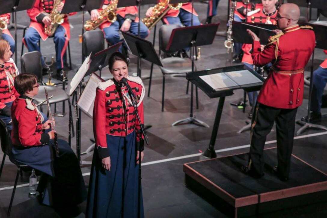 The Marine Band performed song and dance music spanning well over a century during the concert aptly titled Song and Dance on Thursday, April 2 at Bowie Performing Arts Center in Bowie, Md. (U.S. Marine Corps Photo by Staff Sgt. Brian Rust/released)