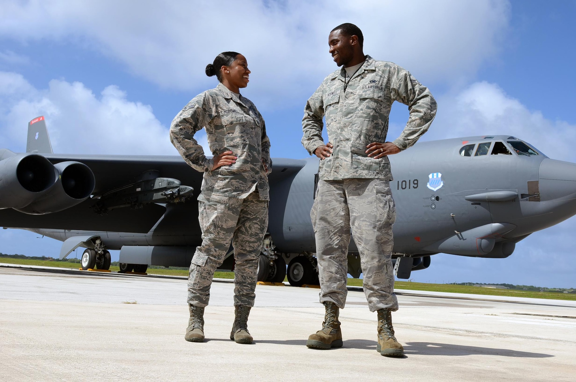 Airmen 1st Class Ashley, 20th Expeditionary Bomb Squadron combat crew communications apprentice, and Iseral McDowell, 36th Expeditionary Aircraft Maintenance Squadron hydraulic systems apprentice, stand in front of a B-52H Stratofortress at Andersen Air Force Base, Guam, April 7, 2015. The McDowells are deployed here with the B-52s from Barksdale AFB, La. (U.S. Air Force photo/Airman 1st Class Alexa Ann Henderson)