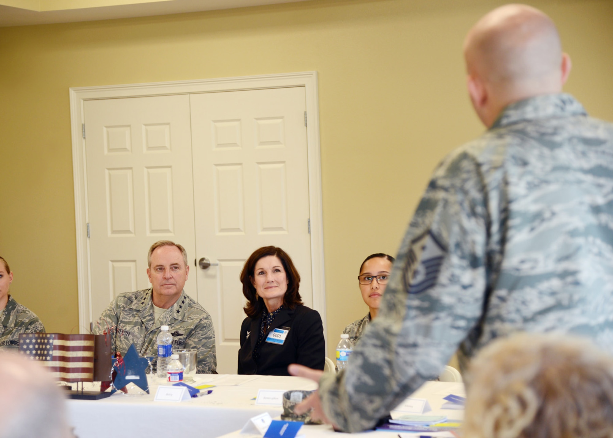 Air Force Chief of Staff Gen. Mark A. Welsh III and his wife, Betty, listen to firsthand testimonial from Airmen across Tinker Air Force Base, Okla., during a resiliency roundtable April 9, 2015. (U.S. Air Force photo/Kelly White)