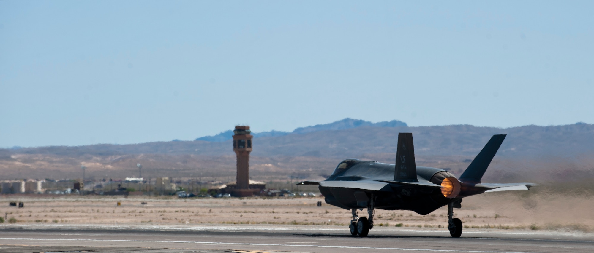 A 61st Fighter Squadron F-35 Lightning II from Luke Air Force Base, Arizona, takes off from the Nellis AFB, Nevada, flightline, April 15, 2015. (U.S. Air Force photo by Senior Airman Thomas Spangler)