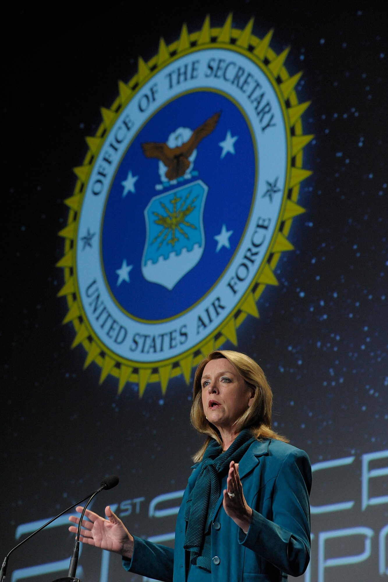 Secretary of the Air Force Deborah James speaks to an audience of military and space professionals at the 31st Annual Space Symposium, April 16, 2015, in Colorado Springs, Colo. The annual event brings together space leaders from around the world to discuss, address and plan for the future of space. (U.S. Air Force photo/Duncan Wood)